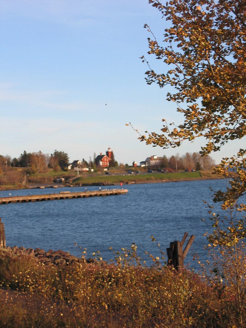 Lake view with distant buildings and trees.