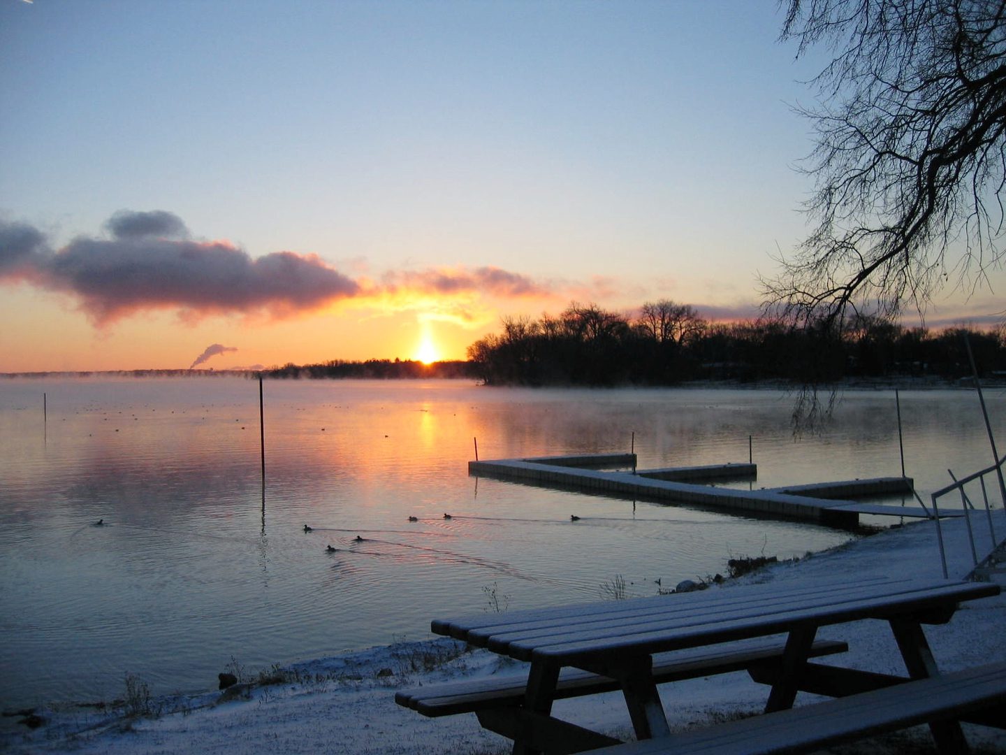 Sunset over snowy lake with ducks swimming.